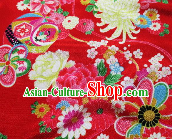 Asian Traditional Classical Chrysanthemum Fan Pattern Red Tapestry Satin Brocade Fabric Japanese Kimono Silk Material