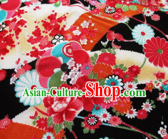 Asian Traditional Classical Peony Pattern Black Tapestry Satin Brocade Fabric Japanese Kimono Silk Material