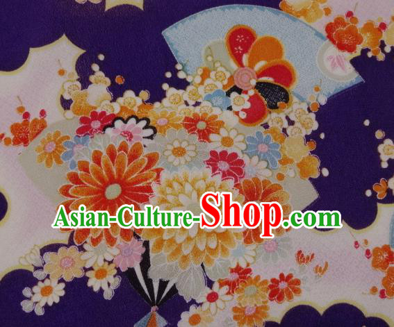 Asian Traditional Classical Flowers Fan Pattern Purple Tapestry Satin Brocade Fabric Japanese Kimono Silk Material