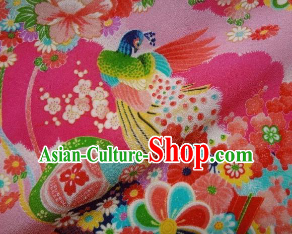 Asian Traditional Classical Peacock Pattern Pink Tapestry Satin Brocade Fabric Japanese Kimono Silk Material