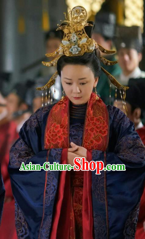 Chinese Drama The Story Of MingLan Ancient Song Dynasty Imperial Mandate Dowager Embroidered Historical Costume and Headpiece Complete Set