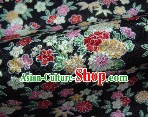 Asian Traditional Classical Daisy Pattern Black Brocade Tapestry Satin Fabric Japanese Kimono Silk Material