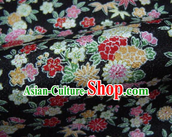 Asian Traditional Classical Daisy Pattern Black Brocade Tapestry Satin Fabric Japanese Kimono Silk Material