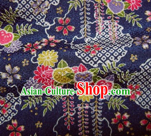 Asian Traditional Classical Chrysanthemum Pattern Navy Brocade Tapestry Satin Fabric Japanese Kimono Silk Material