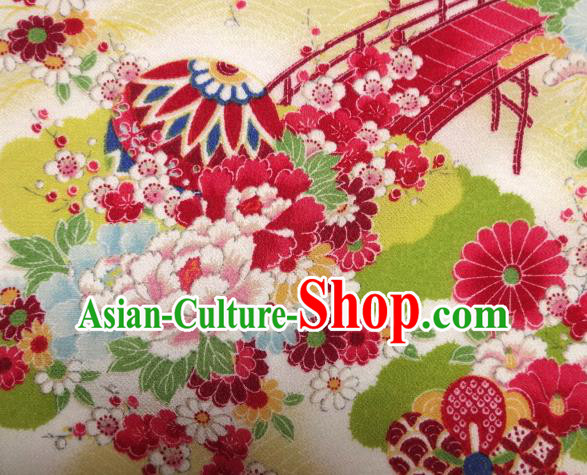 Asian Traditional Classical Peony Pattern Yellow Brocade Tapestry Satin Fabric Japanese Kimono Silk Material