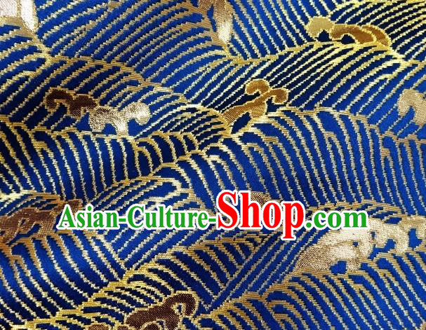 Asian Traditional Kimono Classical Wave Pattern Blue Nishijin Brocade Tapestry Satin Fabric Japanese Silk Material