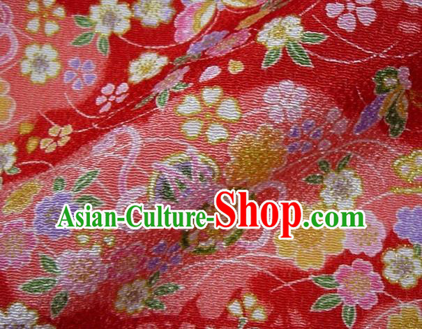 Asian Traditional Classical Butterfly Sakura Pattern Red Brocade Tapestry Satin Fabric Japanese Kimono Silk Material