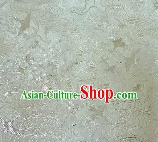 Asian Traditional Kimono Classical Cranes Pattern White Nishijin Brocade Tapestry Satin Fabric Japanese Silk Material