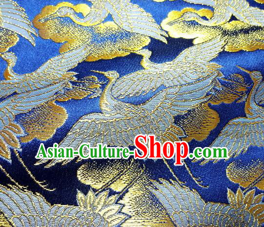 Asian Traditional Kimono Classical Cranes Pattern Blue Nishijin Brocade Tapestry Satin Fabric Japanese Silk Material