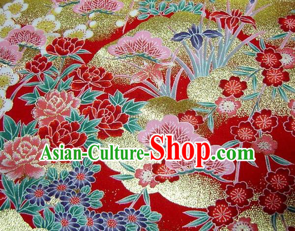 Asian Traditional Kimono Classical Peony Orchid Pattern Red Brocade Tapestry Satin Fabric Japanese Kyoto Silk Material