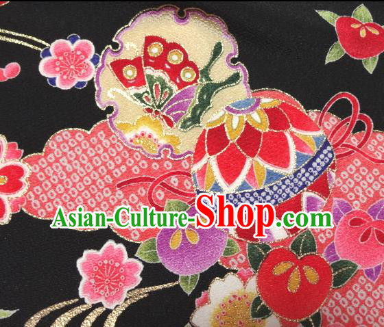 Asian Traditional Kimono Classical Ball Pattern Black Brocade Tapestry Satin Fabric Japanese Kyoto Silk Material