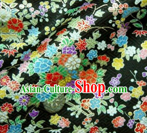 Asian Traditional Kimono Classical Sakura Maple Pattern Black Brocade Tapestry Satin Fabric Japanese Kyoto Silk Material