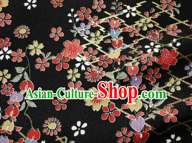 Asian Traditional Kimono Classical Primula Obconica Hance Pattern Black Brocade Tapestry Satin Fabric Japanese Kyoto Silk Material