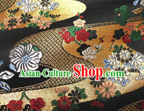 Asian Traditional Kimono Classical Chrysanthemum Pattern Black Damask Brocade Tapestry Satin Fabric Japanese Kyoto Silk Material