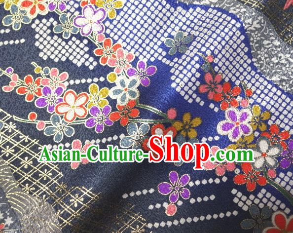 Asian Traditional Kimono Classical Sakura Pattern Navy Damask Brocade Tapestry Satin Fabric Japanese Kyoto Silk Material