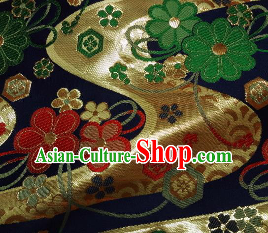 Asian Traditional Damask Classical Pattern Navy Brocade Fabric Japanese Kimono Tapestry Satin Silk Material