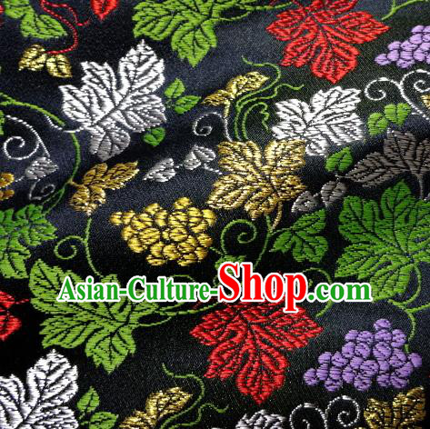 Asian Traditional Damask Classical Grape Pattern Black Brocade Fabric Japanese Kimono Tapestry Satin Silk Material