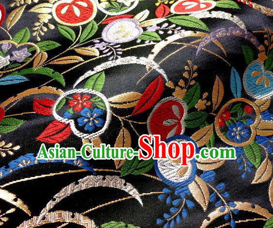 Asian Traditional Damask Classical Cherry Pattern Black Brocade Fabric Japanese Kimono Tapestry Satin Silk Material