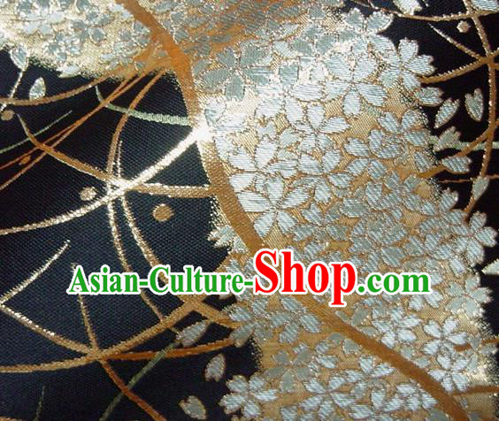 Asian Traditional Baldachin Classical Sakura Pattern Black Brocade Fabric Japanese Kimono Tapestry Satin Silk Material