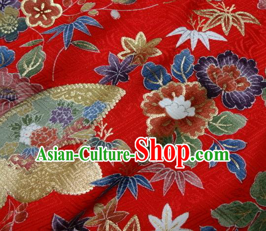 Asian Traditional Kimono Classical Flowers Pattern Red Damask Brocade Fabric Japanese Kyoto Tapestry Satin Silk Material