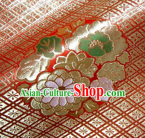 Asian Traditional Baldachin Classical Four Flowers Pattern Red Brocade Fabric Japanese Kimono Tapestry Satin Silk Material