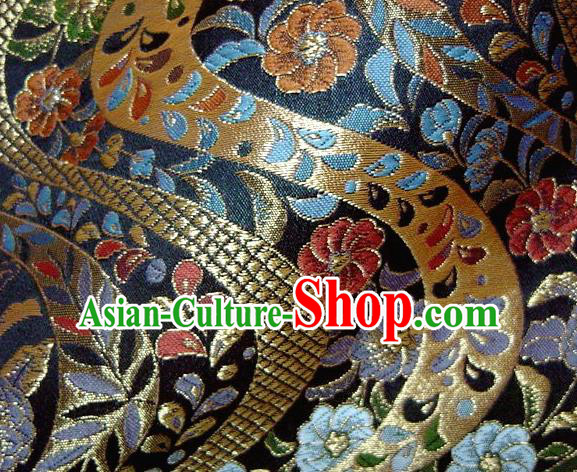 Asian Traditional Baldachin Classical Flowers Pattern Navy Brocade Fabric Japanese Kimono Tapestry Satin Silk Material