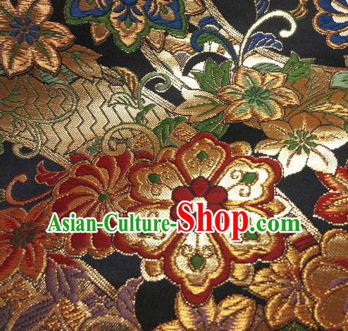 Asian Traditional Baldachin Classical Daisy Pattern Navy Brocade Fabric Japanese Kimono Tapestry Satin Silk Material