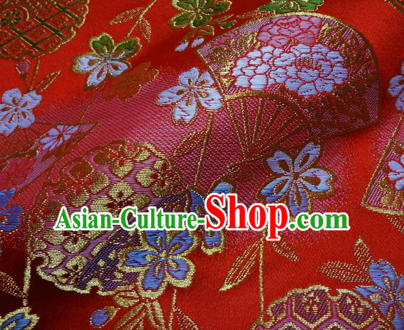 Asian Traditional Classical Sakura Fan Pattern Damask Red Brocade Fabric Japanese Kimono Tapestry Satin Silk Material