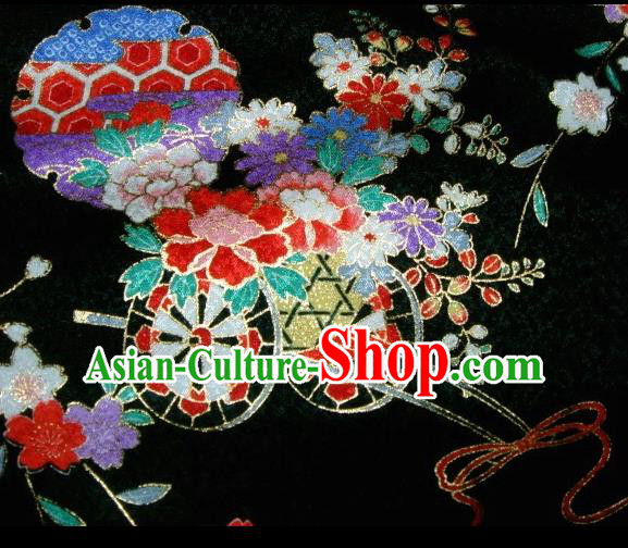 Asian Traditional Kimono Classical Flowers Gharry Pattern Black Brocade Tapestry Satin Fabric Japanese Kyoto Silk Material