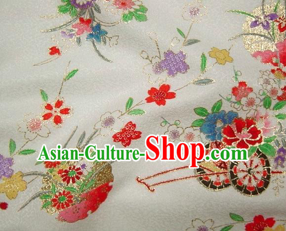 Asian Traditional Kimono Classical Flowers Gharry Pattern White Brocade Tapestry Satin Fabric Japanese Kyoto Silk Material