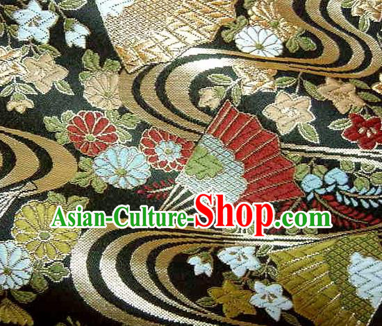Asian Traditional Japanese Kimono Black Brocade Classical Fan Pattern Damask Fabric Tapestry Satin Silk Material