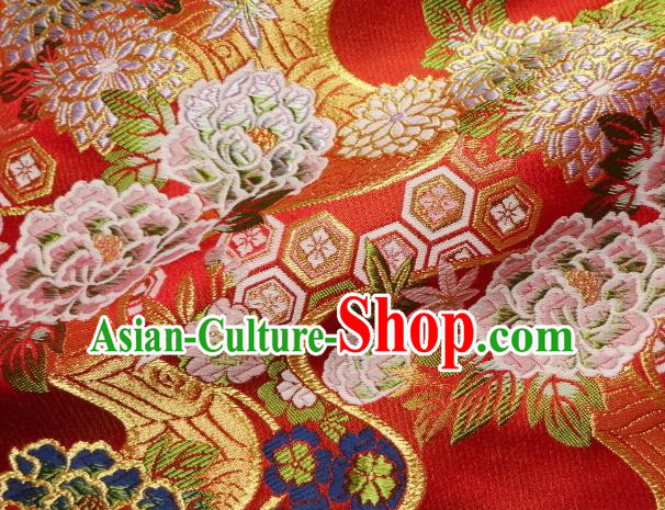 Asian Traditional Classical Peony Pattern Red Damask Brocade Fabric Japanese Kimono Tapestry Satin Silk Material