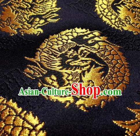 Asian Traditional Baldachin Classical Round Dragons Pattern Black Brocade Fabric Japanese Kimono Tapestry Satin Silk Material