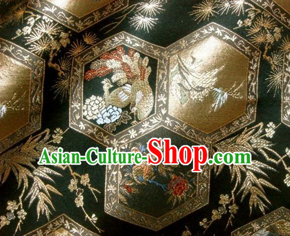 Asian Japanese Traditional Brocade Classical Peacock Pattern Black Baldachin Fabric Kimono Tapestry Satin Silk Material