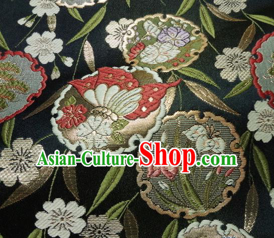 Asian Japanese Traditional Brocade Classical Bamboo Leaf Pattern Black Baldachin Fabric Kimono Tapestry Satin Silk Material