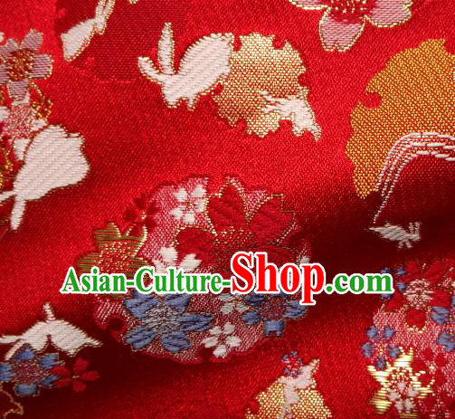 Asian Japanese Traditional Brocade Classical Sakura Rabbit Pattern Red Baldachin Fabric Kimono Tapestry Satin Silk Material