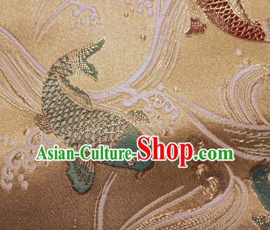 Asian Traditional Japanese Kimono Classical Fishes Pattern Golden Tapestry Satin Brocade Fabric Baldachin Silk Material