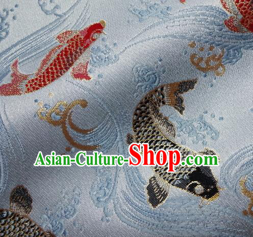 Asian Traditional Japanese Kimono Classical Fishes Pattern Blue Tapestry Satin Brocade Fabric Baldachin Silk Material