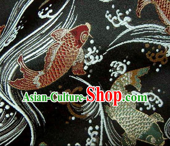 Asian Traditional Japanese Kimono Classical Fishes Pattern Black Tapestry Satin Brocade Fabric Baldachin Silk Material