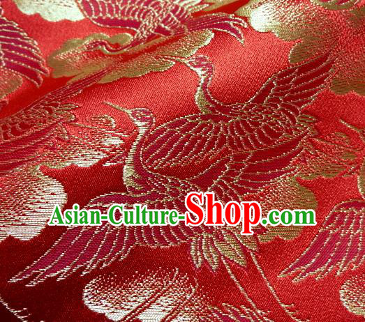 Asian Traditional Japanese Kimono Classical Cranes Pattern Red Brocade Tapestry Satin Fabric Baldachin Silk Material
