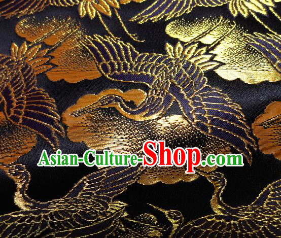 Asian Traditional Japanese Kimono Classical Cranes Pattern Black Brocade Tapestry Satin Fabric Baldachin Silk Material