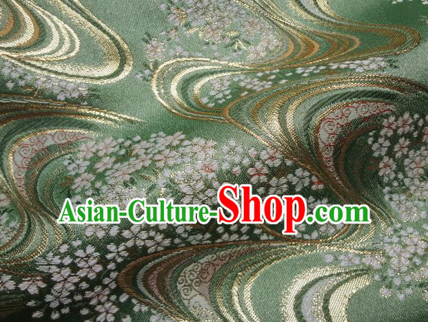 Asian Japanese Traditional Green Brocade Classical Sakura Pattern Baldachin Fabric Kimono Tapestry Satin Silk Material