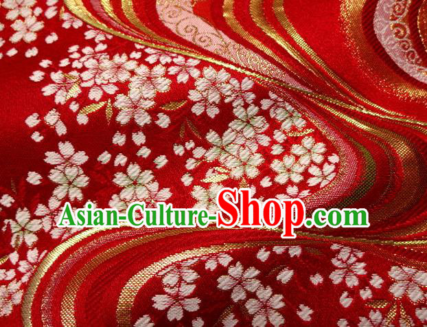 Asian Japanese Traditional Red Brocade Classical Sakura Pattern Baldachin Fabric Kimono Tapestry Satin Silk Material