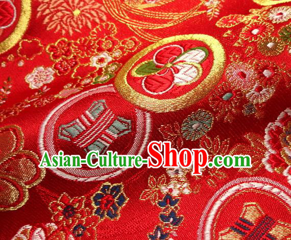 Asian Japanese Traditional Kimono Red Tapestry Satin Classical Plum Blossom Pattern Brocade Fabric Baldachin Silk Material