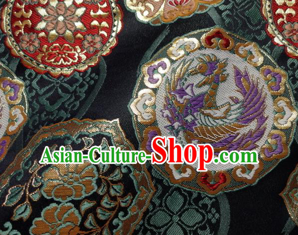 Asian Japanese Traditional Kimono Classical Phoenix Pattern Black Tapestry Satin Brocade Fabric Baldachin Silk Material