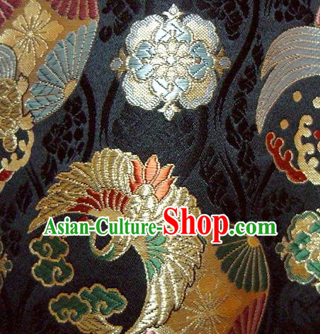 Asian Japanese Tapestry Satin Traditional Kimono Classical Cloud Crane Pattern Black Brocade Fabric Baldachin Silk Material