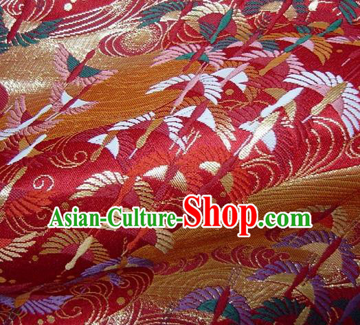 Asian Traditional Japanese Kimono Red Tapestry Satin Classical Crane Pattern Brocade Fabric Baldachin Silk Material