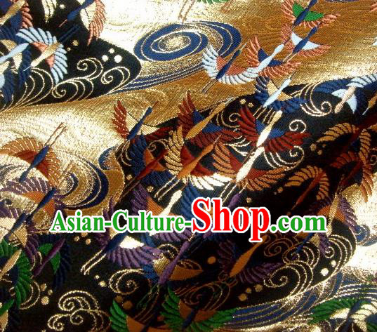 Asian Traditional Japanese Kimono Black Tapestry Satin Classical Crane Pattern Brocade Fabric Baldachin Silk Material