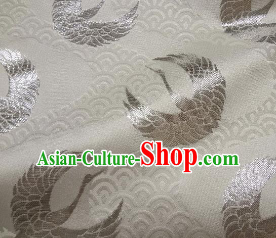 Asian Japanese Traditional Kimono Classical Round Cranes Pattern White Tapestry Satin Brocade Fabric Baldachin Silk Material