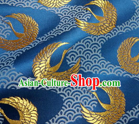 Asian Japanese Traditional Kimono Classical Round Cranes Pattern Blue Tapestry Satin Brocade Fabric Baldachin Silk Material